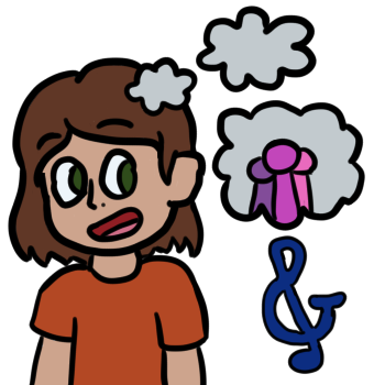 A light skinned person with medium-dark brown hair and an orange shirt is thinking of their system. They have a thought bubble with three simple figures in it, crowded together as if connected, colored in there pinkish-purple shades that are distinct but similar enough to each other. Beneath the thought bubble is a treblesand (a combination of a treble cleff and an ampersand), colored in blue.